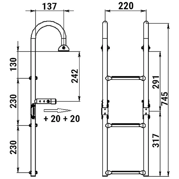 Трап складной с горизонтальным креплением 3 серых ступени 220 мм (040175GT)